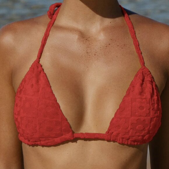 BERLOOK Red Floral Jacquar Triangle Bikini Top ONLY 41 - Picture 1 of 9